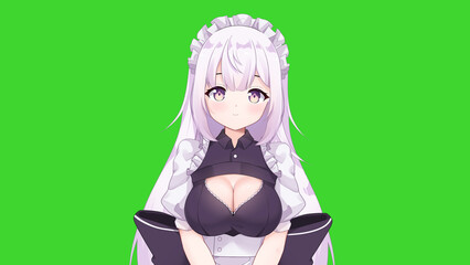 Maid 2D anime girl character portrait on green screen