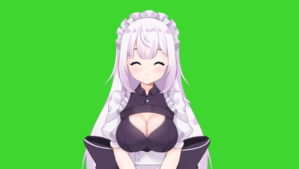 Maid 2D anime girl character portrait on green screen