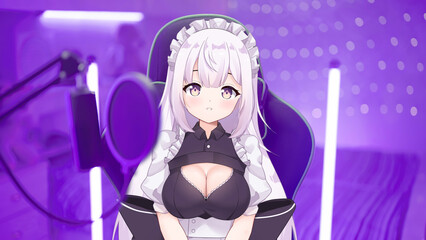 Cute 2D anime maid vtuber stream interact from cyberspace bedroom