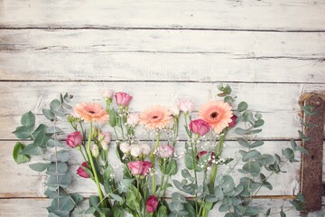 Beautiful bouquet of pastel flowers on old wooden background - Greeting card - Birthday, Mothers Say, Wedding