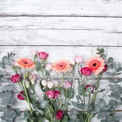 Beautiful bouquet of pastel flowers on old wooden background - Greeting card - Birthday, Mothers Day, Wedding