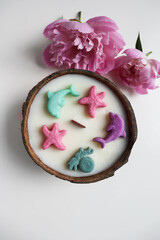 original decorative candle in a coconut. natural soy wax candle