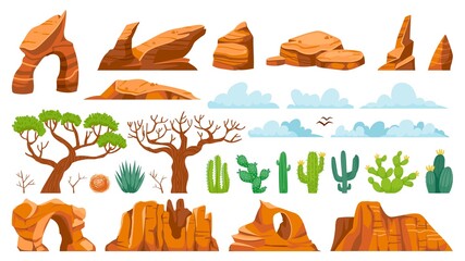 Desert cactus ant rocks. Cartoon tumbleweed, sand stones, and succulent, exotic landscape elements. Vector isolated set © Tartila