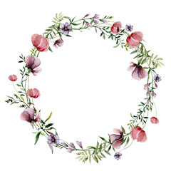 Wreath of wildflowers. Watercolor illustration frame meadow flowers for card, invitation, scrapbooking.
