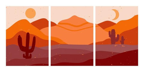 Desert posters. Abstract triptych with sand dune silhouettes, desert cactus, rocks, and succulent. Vector contemporary art set