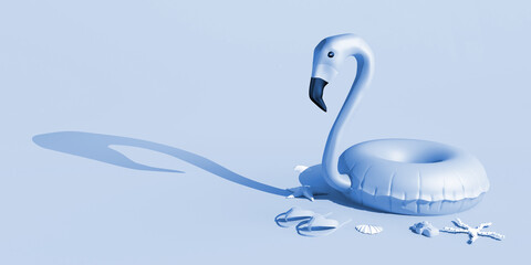 Summer vacation concept with flamingo float, seashells and flip flops. Copy space. 3D illustration.