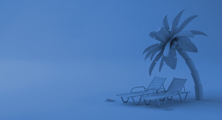 Fototapeta na wymiar Summer vacation concept with beach loungers and palm tree. Copy space. 3D illustration.