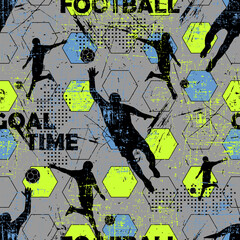 football grunge pattern. Print for guys with soccer player, goalkeeper and geometric elements