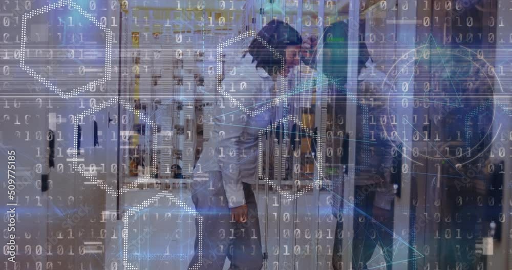 Poster Animation of binary coding data over computer servers and tired caucasian female it engineer
