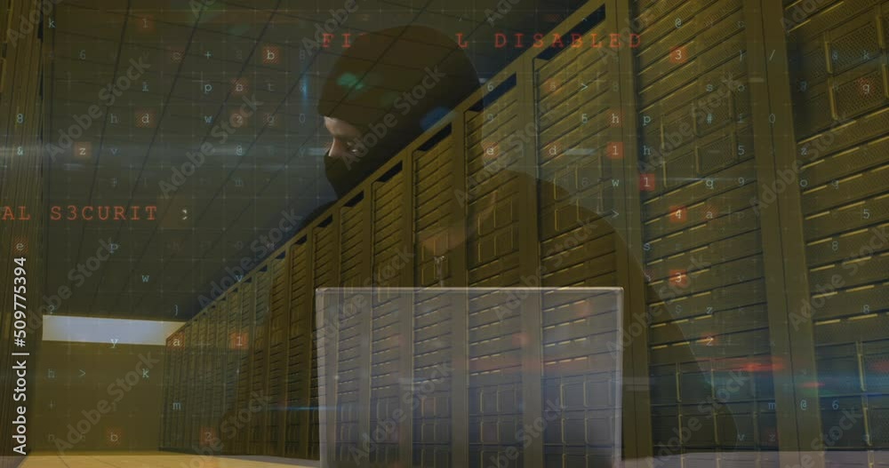Poster animation of data processing over caucasian male hacker and computer servers