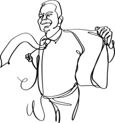 Continuous line illustration of man with waving tie taking off his jacket. Black line on white background