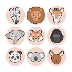 動物の顔のイラストのセット　線あり