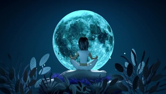 Animation of a girl in a yoga pose against the background of a huge neon moon