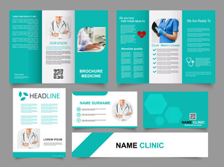 Tri fold medical brochure. Collection of folded brochures, annual report, business card. For printing, A4 magazine cover