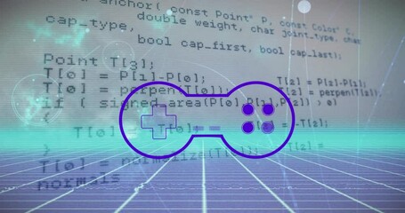 Animation of gamepad over data processing on dark background - Powered by Adobe