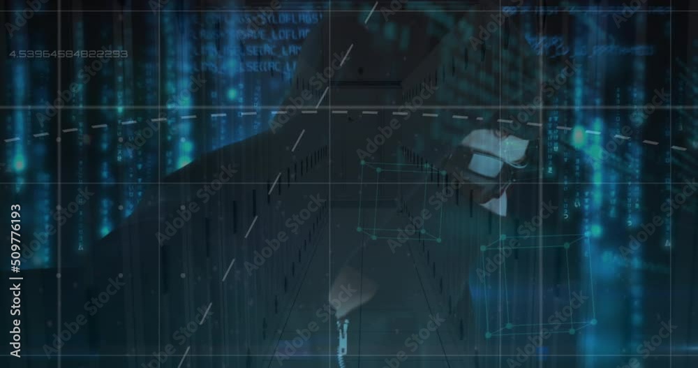 Poster animation of data processing and hacker over server room