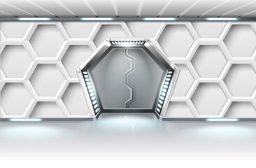 3d realistic vector illustration banner. White sci-fi sliding spaceship metal hexagonal doors with lightning.  © Real Vector