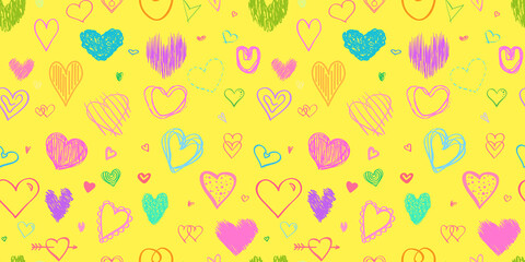 Fototapeta na wymiar Seamless colorful background with big and small hearts. Abstract geometric wallpaper of the surface. Hand drawn simple love signs. Print for polygraphy, posters, t-shirts and textiles