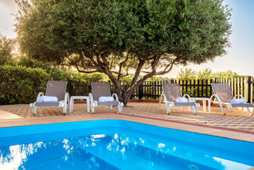 Sunbathing area by the pool with loungers in shade under the tree