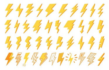 Flash icon. Lightning strike clipart symbol, electric power and electricity logo, nature thunderbolt yellow shape. Vector isolated thunder light pictogram set