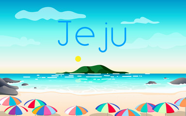 Fototapeta na wymiar Jeju summer beach poster Vector illustration. Beautiful Jeju landscape