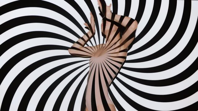 Cute model girl dancing making slow rhythmical movements with her arms and body overlay twirl black and white animated stripes background. Attractive slim female on abstract motion pattern