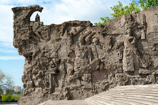 1 May 2020, Volgograd, Russia. Ruin walls of Stalingrad houses, destroyed by countless bombings sculptural composition carved with knives, fragments from shells