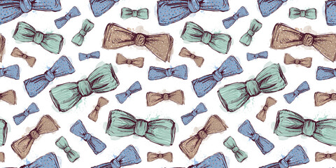 White seamless pattern with bow tie. Watercolor pattern for a wedding. Vintage background with a tie for the groom