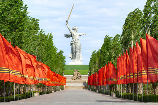 1 May 2020, Volgograd, Russia. Front view of the statue "The Motherland calls" after restoration on the top of The Mamaev Hill