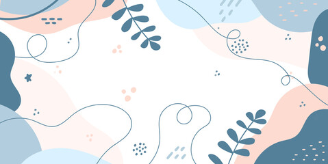 Minimalist abstract pattern background with florals and elements. Modern liquid splashes of wavy shapes in trendy floral style.