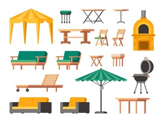 Garden furniture. Cartoon wooden patio chair table and sofa, lounge outdoor terrace icons, backyard umbrella and barbecue grill. Vector isolated set - obrazy, fototapety, plakaty