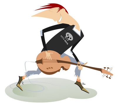 Cartoon guitar player isolated illustration. Expressive guitarist is playing music and singing with the great inspiration black on white illustration