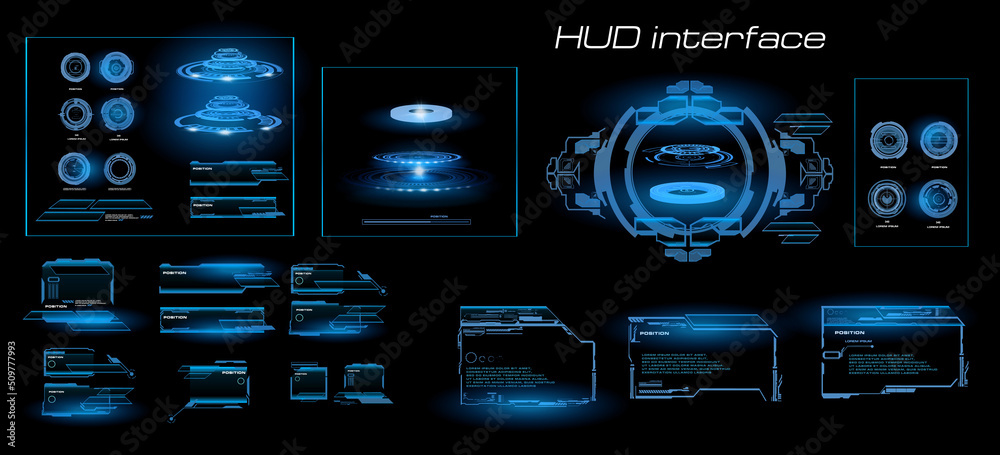 Fototapete Set holographic frames and portals. Digital holographic user interface with dashboards, elements and portals. Futuristic cyber interface with HUD elements