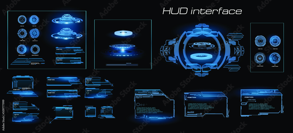 Fototapete Set holographic frames and portals. Digital holographic user interface with dashboards, elements and portals. Futuristic cyber interface with HUD elements