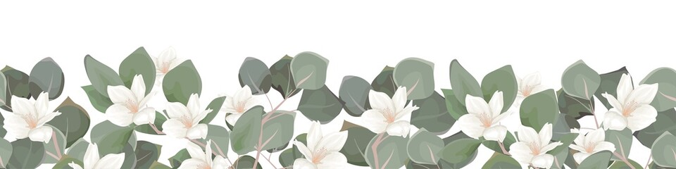 Vector seamless border. Eucalyptus, green plants and leaves. Delicate sakura, magnolia, white flowers