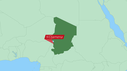 Map of Chad with pin of country capital.