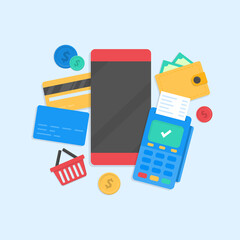 payment for purchases from a mobile phone, cash or card. Online store, online shopping and payment methods.Smartphone Currency.