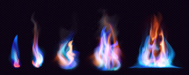 Gas fire PNG. Realistic Burning Gas Fire Flames with smoke transparent on dark background. Wildfire flames set, burn bonfire silhouette and blazing fiery spurts of flame © Jasinski