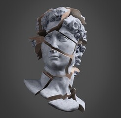 Abstract illustration from 3d rendering of a marble bust of male classical sculpture head shattered into pieces and isolated on gray background.