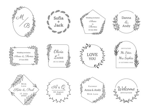 Wedding frame logo. Floral border monogram with minimalistic elegant decorative elements for wedding invitation card. Vector modern laurel emblem set