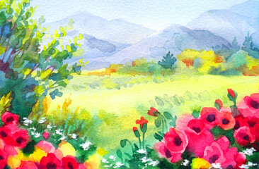 Fototapeta na wymiar Watercolor landscape. Field with poppies near the mountains