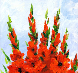Oil painting. Red gladiolus in the garden - obrazy, fototapety, plakaty