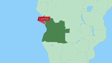 Obraz premium Map of Angola with pin of country capital.