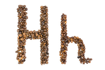 A capital and small H made of coffee beans on an isolated white background. Template for logo design. English, German, Spanish, Italian alphabet from handmade coffee.