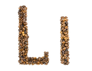 Capital and small letter L of coffee beans on an isolated white background. Template for logo design. English, German, Spanish, Italian alphabet from handmade coffee.