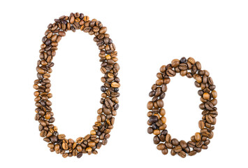 Capital and small letter O of coffee beans on an isolated white background. Template for logo...