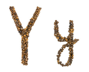 The capital and small letter Y of coffee beans on an isolated white background. Template for logo design. English, German, Spanish alphabet from handmade coffee.
