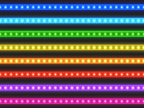 LED light strip. Realistic colorful ribbon with glowing effect, green red blue yellow purple and violet illuminated strip set. Vector light decoration collection