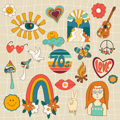 Set 1970s good vibe groovy elements. Cute retro hippie and psychedelic stickers clipart.