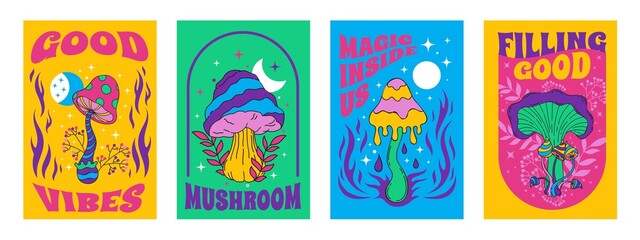 Hippie mushroom posters. Psychedelic acid trip groovy print with colored amanita and toadstool. Vector dreamy retro banners set - obrazy, fototapety, plakaty